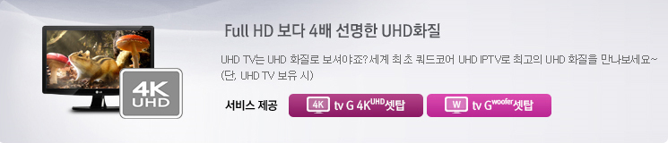 Full HD 보다 4배 선명한 UHD화질 - UHD TV는 UHD 화질로 보셔야죠? 세계 최초 쿼드코어 UHD IPTV로 최고의 UHD 화질을 만나보세요~(단, UHD TV 보유 시) 서비스제공 tv G 4K UHD 셋탑 tv G woofer 셋탑
